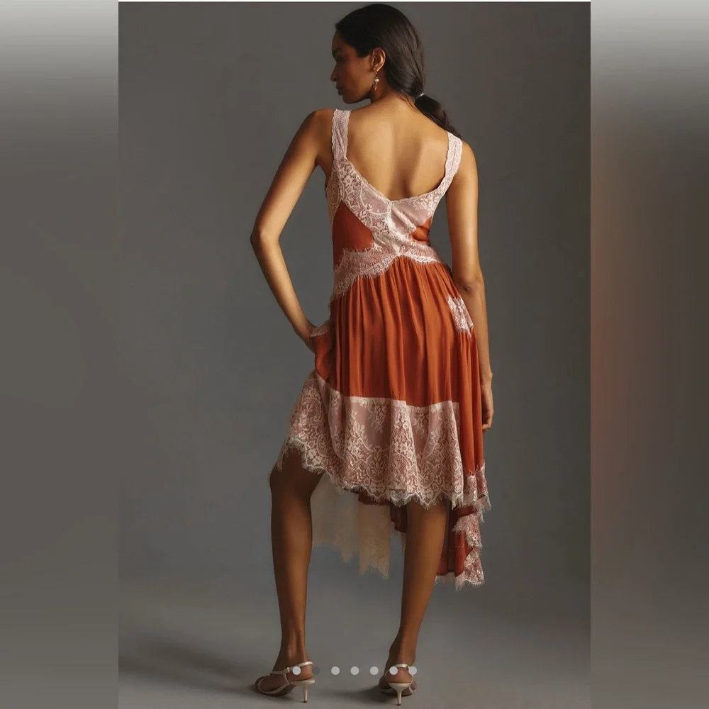 By Anthropologie Sleeveless Asymmetrical Lace Rust Slip Dress 10 - Picture 2 of 9